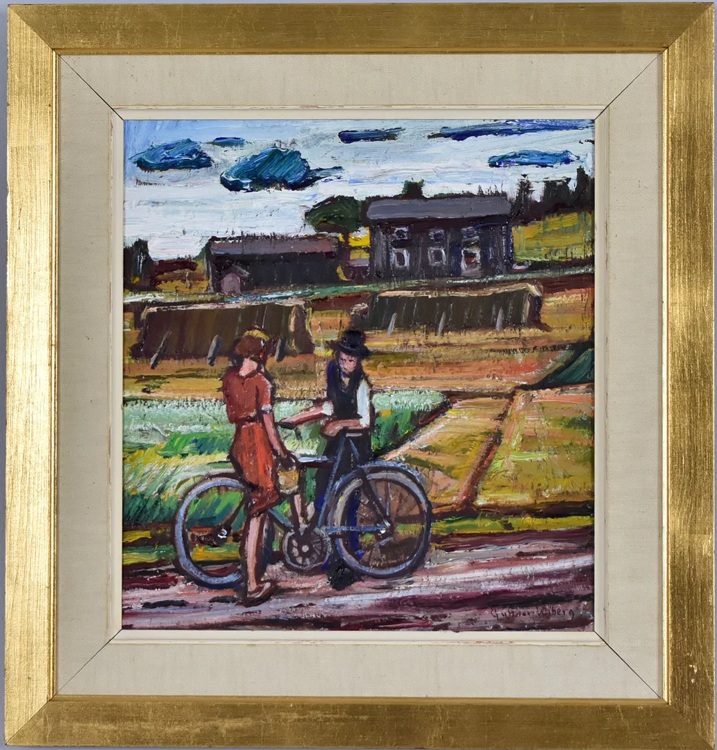 GUNNAR WIBERG. oljemålning på pannå, "Möte på vägen". — Paintings — Halmstads Auktionskammare