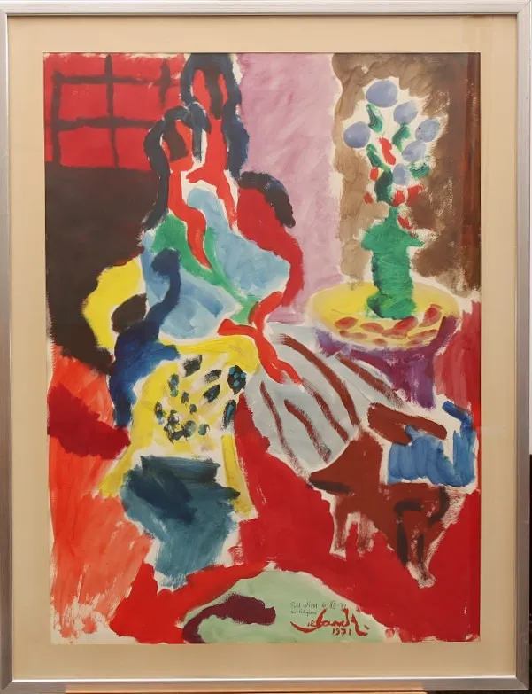 ROLAND K NILSSON. Blandteknik, komposition, med dedikation, daterad 1971.