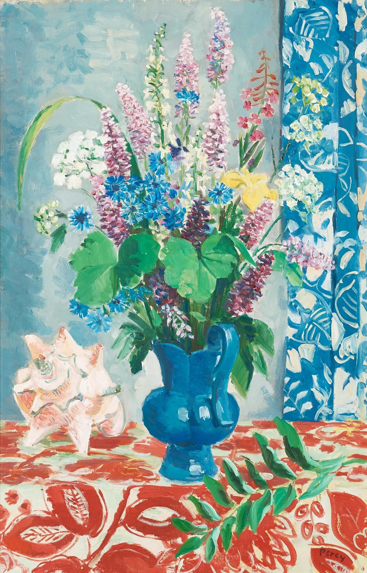 Arthur Percy, Stilleben med lupiner och snäcka. — Bukowskis