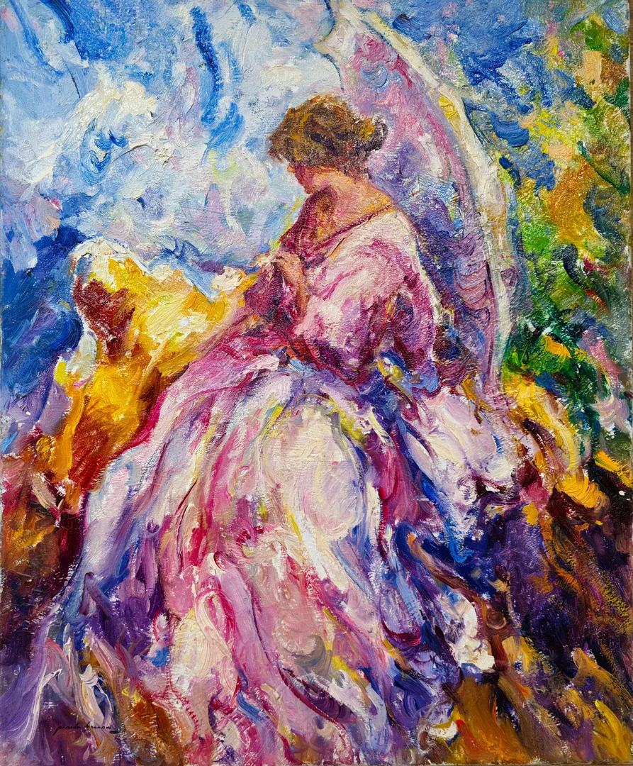 JOSE ANTONIO PINEDA BUENO. MUJER CON VESTIDO ROSA. ÓLEO SOBRE LIENZO. — Paintings — Barcelona Auctions