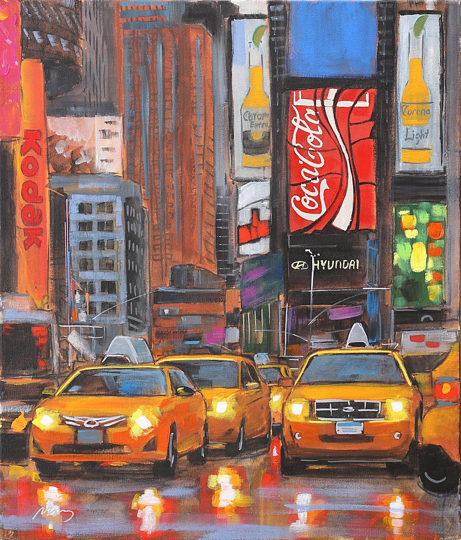 MARCUS JACOBSSON. Taxibilar, New York, akryl på duk, signerad Marcus. — Paintings — Garpenhus Auktioner