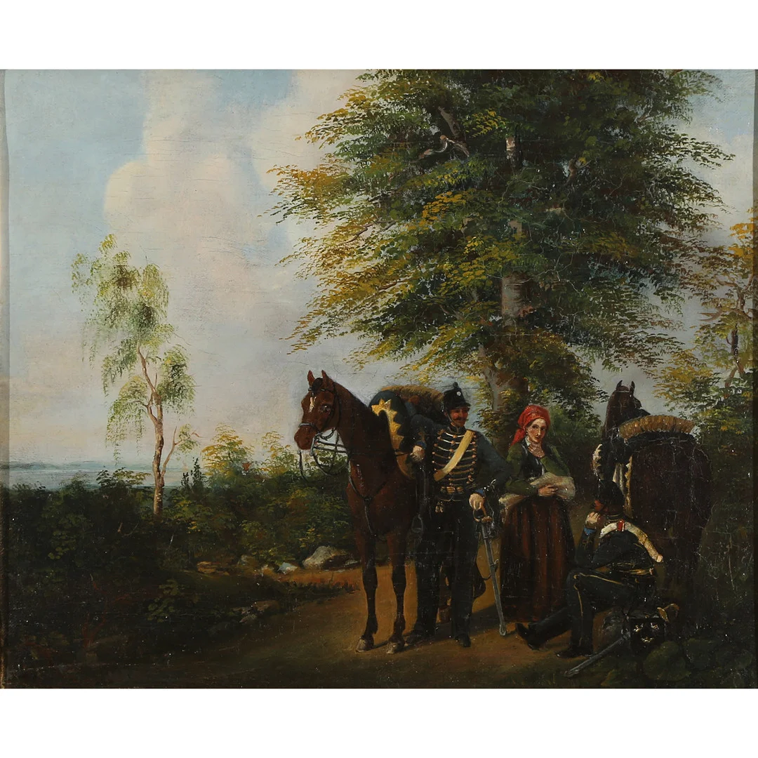 Ubekendt kunstner. Soldater i samtale med kvinde, olie på lærred, 1800-tallet. — Paintings — Bidstrup Auktioner