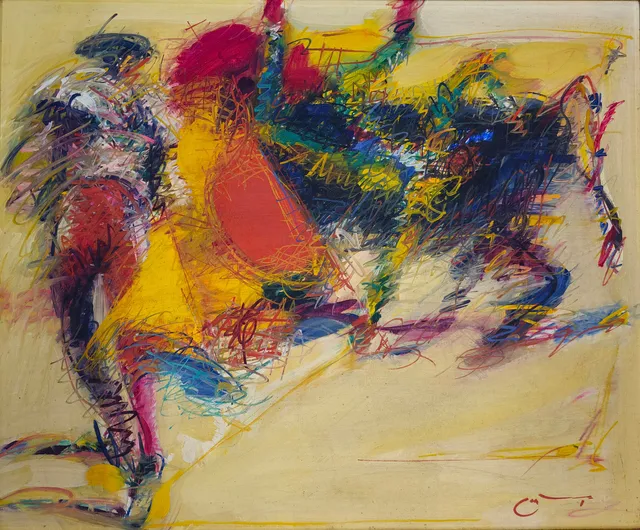 JOAN CRUSPINERA. ESCENA TAURINA. SERIE TAUROMAQUIA. ÓLEO SOBRE LIENZO.