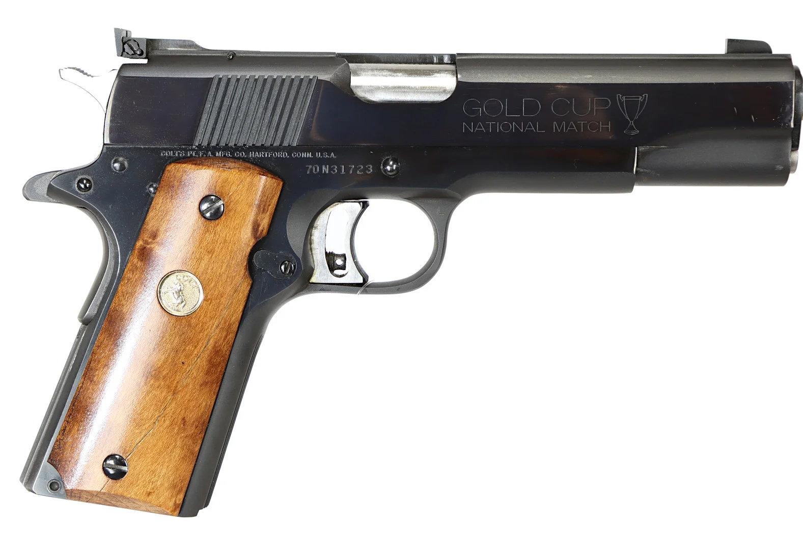 PISTOL, fabrikat Colt, modell 1911 Gold Cup Nationalmatch Serie 70, kaliber .45 ACP, tillv.nr 70N31723, se-nr begagnad. — Pistols — Walter Borg