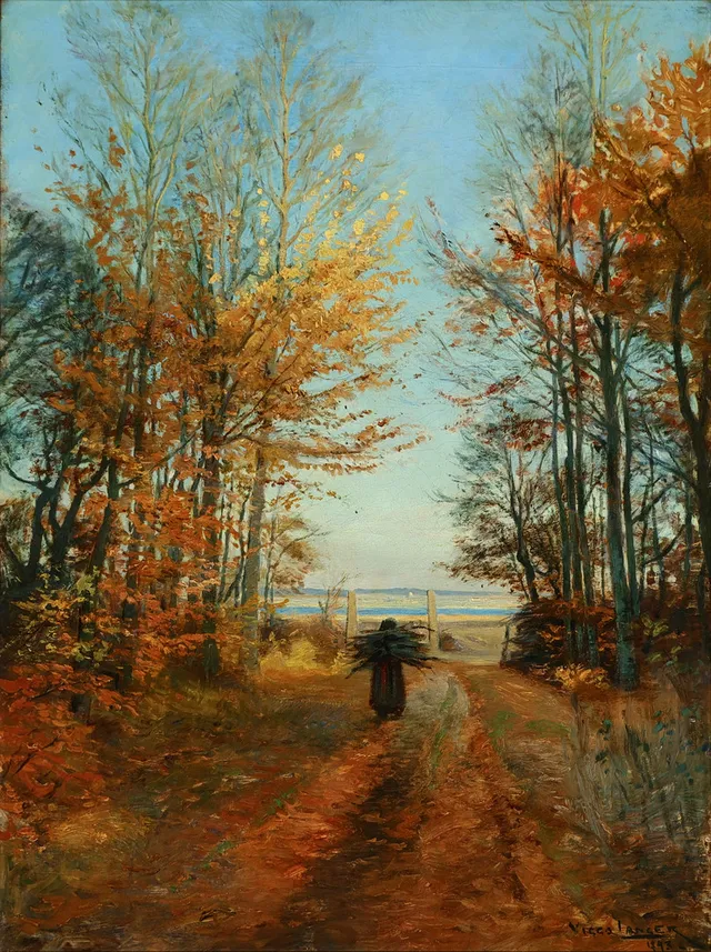 VIGGO LANGER (1860--1942). Efterårsmotiv med kvinde der har samlet brænde i skoven, olie på lærred, signeret og dateret 1893.