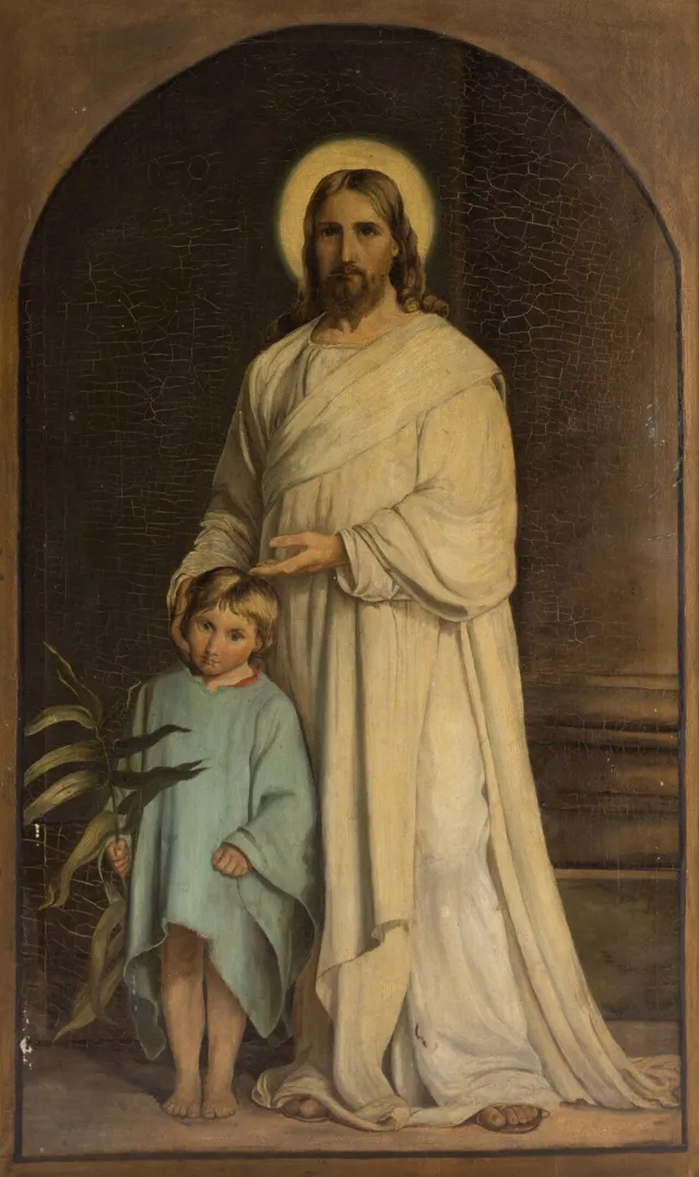 Jesus med lyshåret dreng. U.sign. Olie på lærred