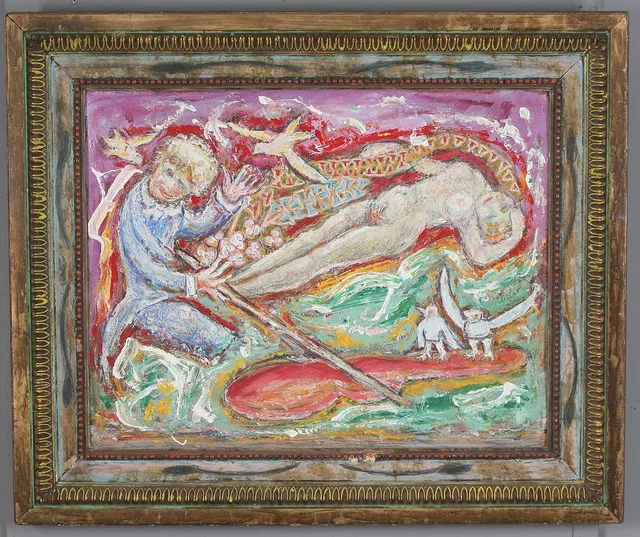 HANS ÅNGSÄTER. Komposition med figurer, blandteknik på pannå, signerad.