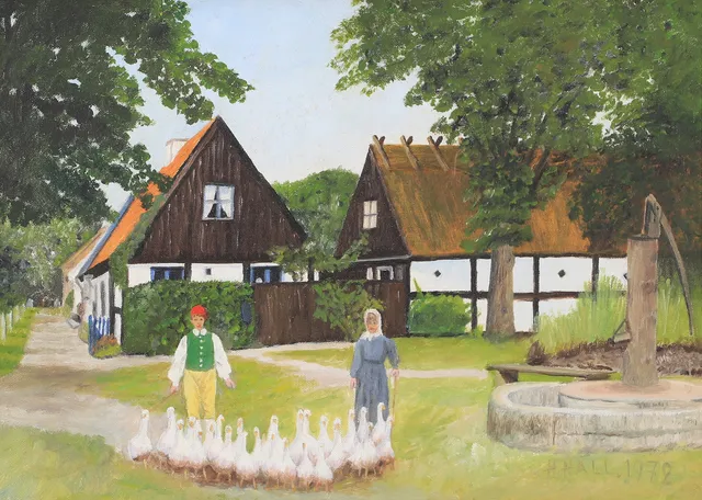 OIDENTIFIERAD KONSTNÄR. Skånegård, olja på duk, signerad H. Hall 1972.