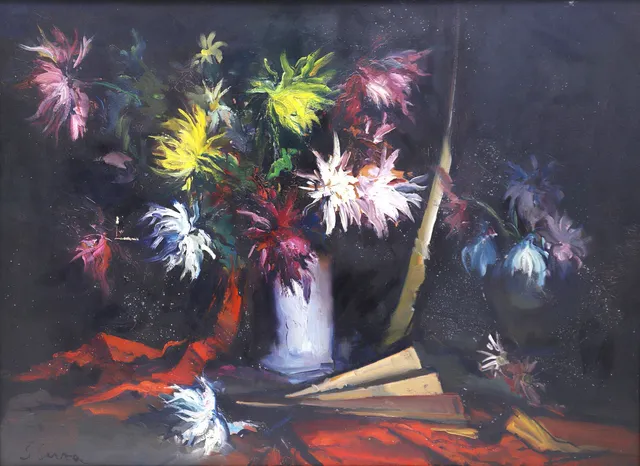 JOAN SERRA MELGOSA. BODEGÓN DE FLORES Y ABANICOS. ÓLEO SOBRE LIENZO.