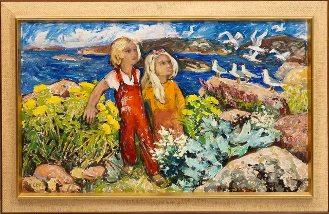 HUGO LEPIK. barn i skärgårdsmiljö, olja på duk, signerad.