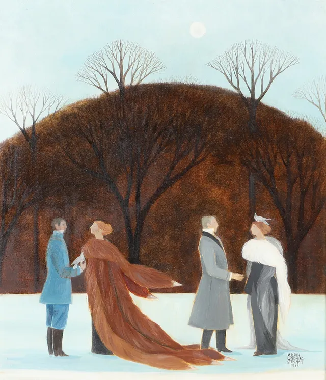 KERSTIN LUNDBERG STENMAN. Möte med fåglar, olja på duk, signerad 1989.