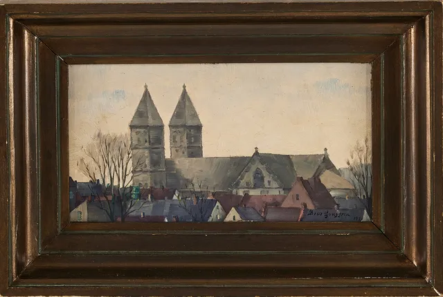 BROR LJUNGGREN (1884-1939). "Dimmig dag", Lund, olja på pannå.