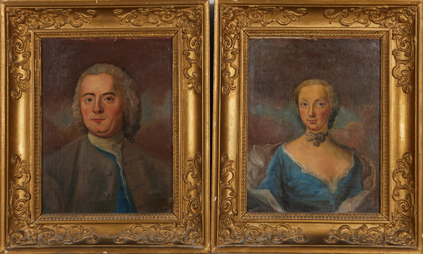 OKÄND KONSTNÄR. Parporträtt, olja på duk, 2 st, föreställande en dam och en herre, 1800-tal, text á tergo. — Paintings — Stockholms Auktionsverk Magasin 5