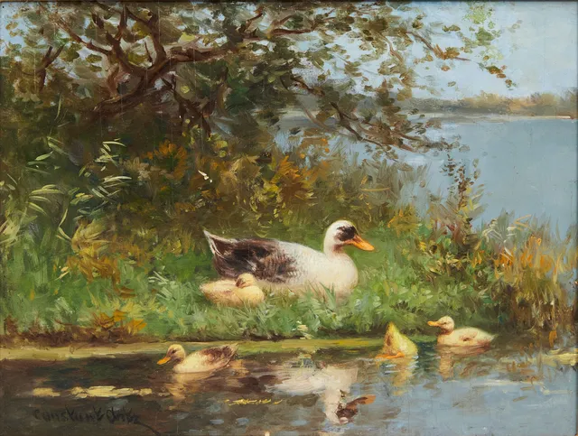 CONSTANT ARTZ (1870-1951). Entenfamilie am Teich.
