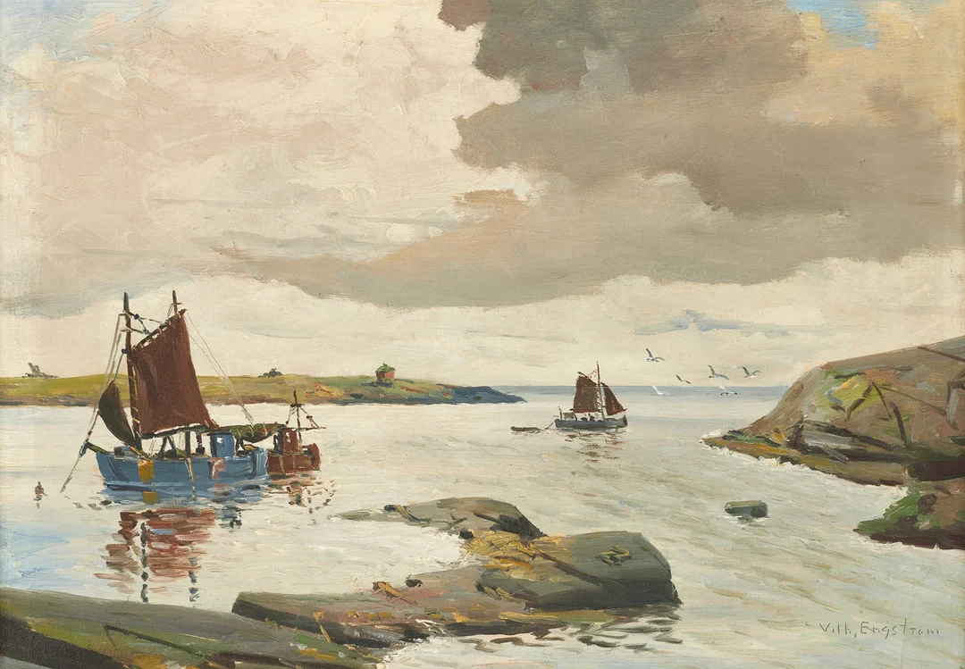 VILHELM ENGSTRÖM (1900-tal). Skärgårdsmotiv med fiskeskutor, signerad, olja på duk. — Paintings — Crafoord Auktioner Stockholm