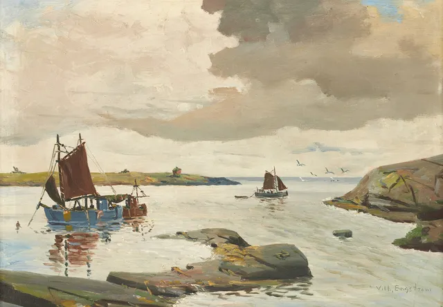 VILHELM ENGSTRÖM (1900-tal). Skärgårdsmotiv med fiskeskutor, signerad, olja på duk.