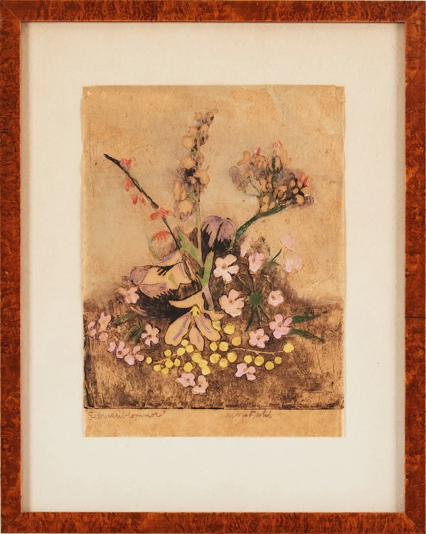 MAJA FJAESTAD. "Februariblommor", träsnitt, signerad Maja Fjaestad. — Engravings & Prints — Stockholms Auktionsverk Magasin 5
