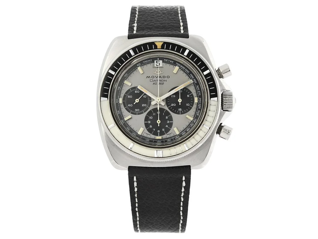 MOVADO, Datron, HS 360 (T Swiss Made T), Super Sub Sea, "Tachy Metre", Cal 3019 PHC (Zenith), Boett nr. 018 M / 67, kronograf, herrur, 40,5 mm, stål, automatisk, plexiglas, datum, läderband, ca 1972. — Klockor/Movado — Kaplans