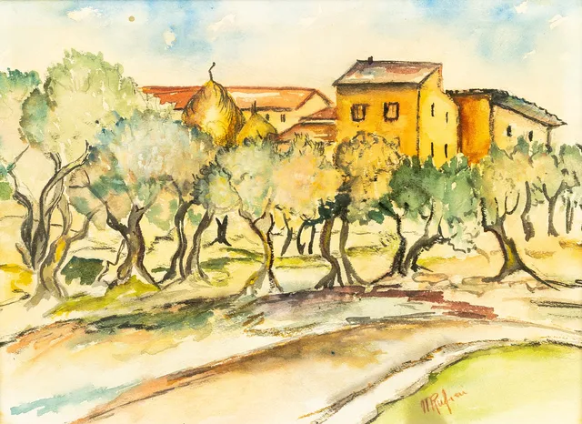 DANISH SCHOOL (20TH CENTURY), LANDSCAPE WITH TREES, WATERCOLOUR ON PAPER.