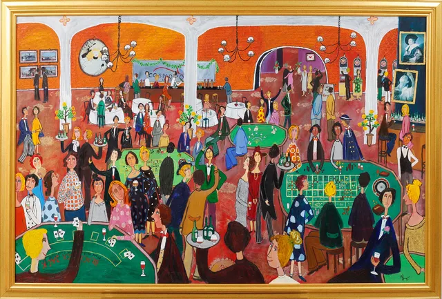 MARIKA LANG. "Casino Cosmopol", olja på duk med collage, signerad.