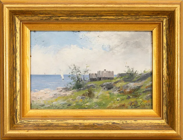 KONRAD SIMONSSON (1843-1911). Olja på pannå, Sommardag vid havet, signerad.