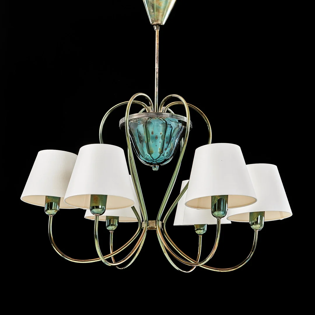 BRÖDERNA MALMSTRÖMS METALLVARUFABRIK. Takarmatur, 1940/50-tal, Swedish Modern, mässing, mittkupa med genombruten dekor, 6 armar. — Ceiling lights — Stockholms Auktionsverk Magasin 5