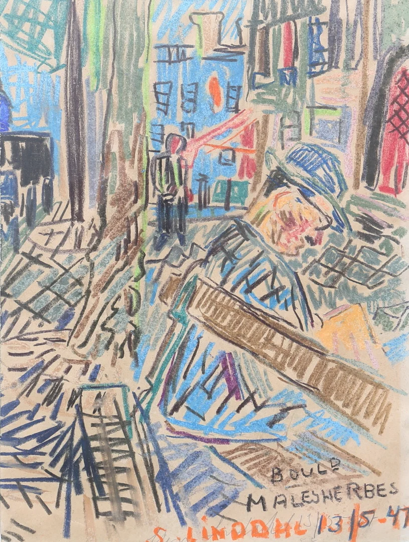 STEN LINDAHL. Pastell, Boulevard Malesherbes Paris, signerad, daterad -47. — Paintings — Auktionshuset Thelin & Johansson