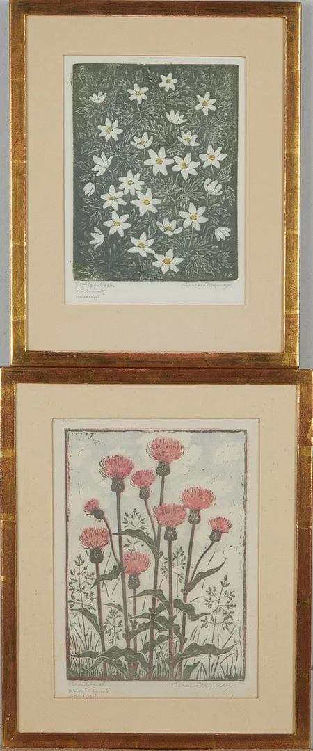 ANNIE BERGMAN (1889-1987). 2 st, Blommor, färgträsnitt, signerade. — Engravings & Prints — Stockholms Auktionsverk Magasin 5