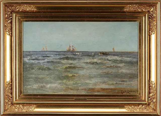 Carl Locher. Coastal scene with sailing ships, oil on plate