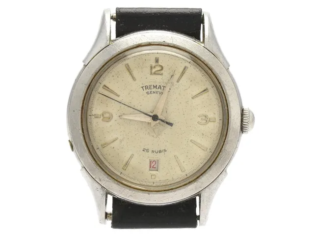 TREMATIC, Geneve, herrur, 36 mm, Boett nr. 40063/302, stål, manuell, plexiglas, datum, skadad urtavla, servicebehov, läderband, ca 1955.