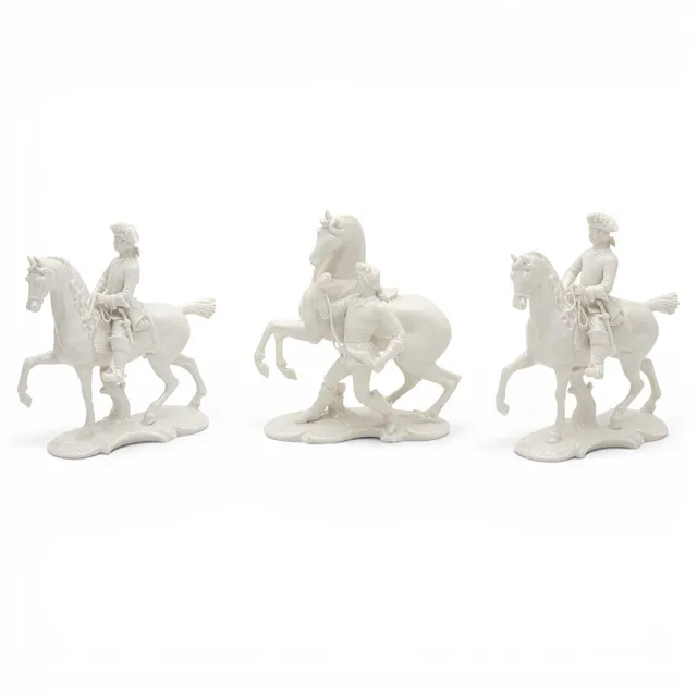 "Horsemen", three glazed porcelain figures from Nymphenburg, 20th Century.