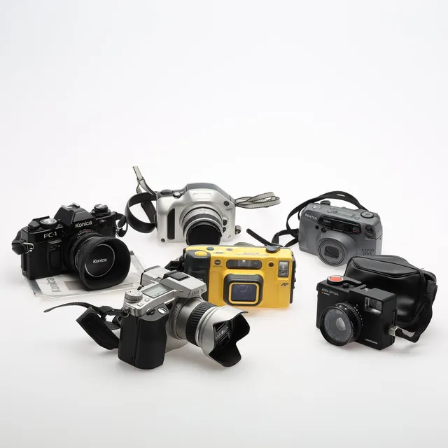 KAMEROR, 6 stycken, Minolta, Konica, Nikon, Pentax samt Agfa Optima.