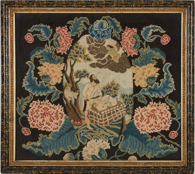 BRODERIER, 2 st., 1800-talets mitt, senempire, korsstyng, petit point, bär datering 1737.