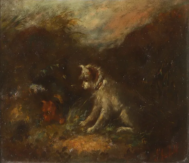 GEORGE ARMFIELD. Hundar, olja på pannå, signerad G Armfield.