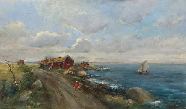 HILDING BOSSLER. olja, signerad, kustmotiv med båt.