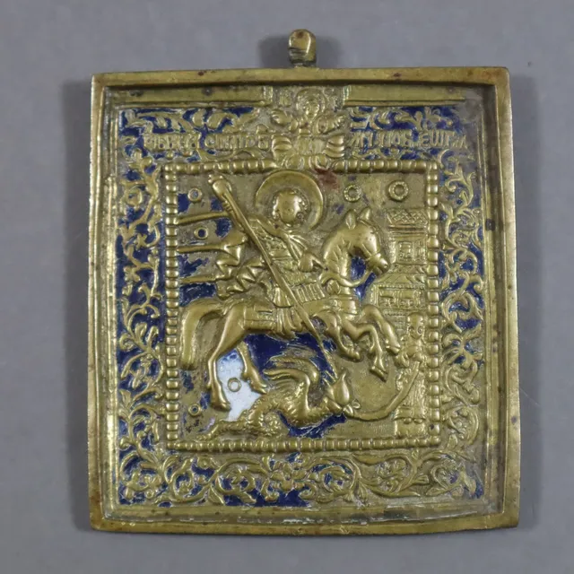 - REISEIKONE - Russland, 19.Jh., Bronzelegierung mit Resten der blau-weißen Emaillierung.
