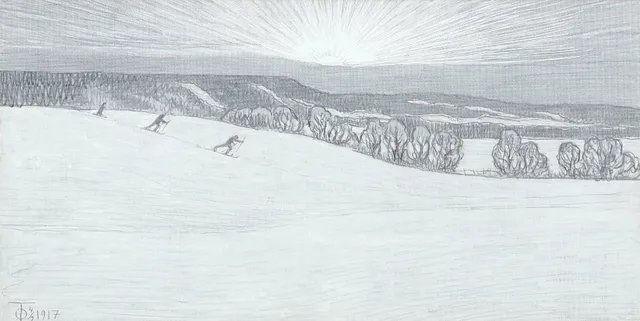 OLOF THUNMAN (1879-1944). Landskap med skidåkare, signerad, daterad 1917.