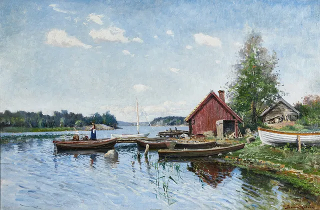 SEVERIN NILSON (Sverige, 1846-1918), Sommarbrygga, signerad Severin Nilson, olja på duk.