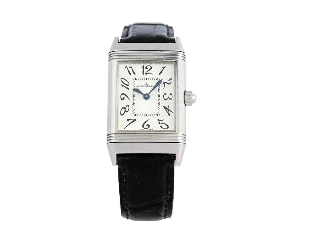 JAEGER-LE COULTRE, Reverso, Duetto Classique, Cal 865, Serie nr. 22568441, Ref nr. Q256.81.02, Boett nr. 256.8.75, damur, 23 x 33 (38,7) mm, stål, manuell, safirglas, briljanter på boetten (32 st. TW/VVS, ca 0,31 ctv), läderband, viklås, cert, april 2008, box, ytterkartong (skadad). — Klockor/Jaeger-Le Coultre — Kaplans