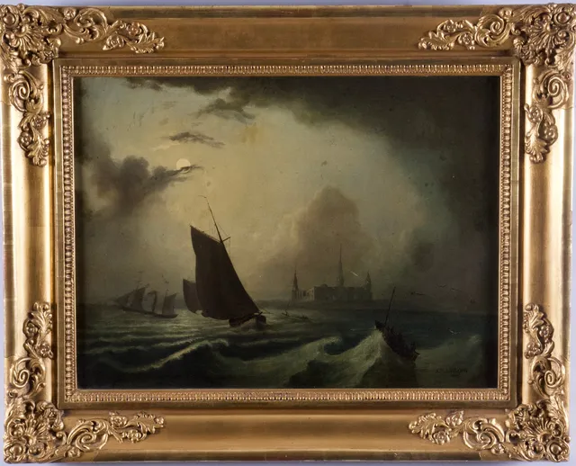MARCUS LARSON. Öresund i Månsken, signerad samt daterad 1856, Olja på duk.
