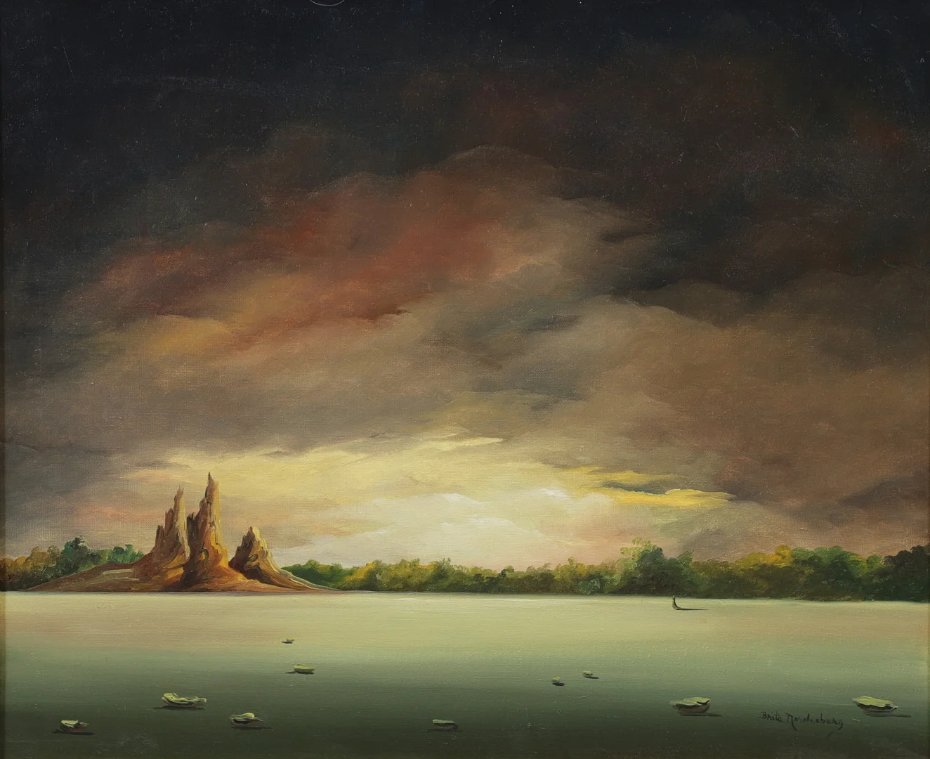 BRITA NORDENBERG. "All I could see was three mountains and a wood", olja på duk, signerad. — Paintings — Växjö Auktionskammare