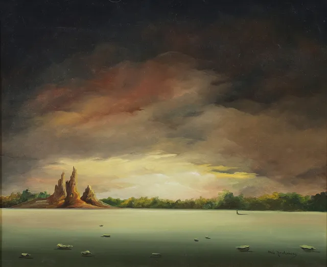 BRITA NORDENBERG. "All I could see was three mountains and a wood", olja på duk, signerad.