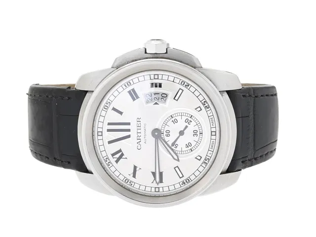 CARTIER, Calibre de Cartier, Cal 1904-PS MC, Ref nr. W7100037, Boett nr. 3389 / 542724QX, herrur, 42 mm, stål, automatisk, safirglas, datum, liten sekundvisare, glasbaksida, läderband (se fördjupad info), viklås, ca 2015, box (skadad).