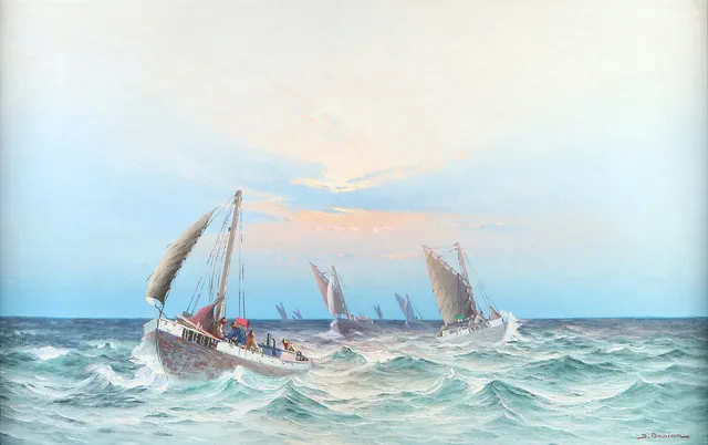 JOHAN OSSIAN ANDERSSON. Oljemålning på duk. Fiskebåtar till havs. Signerad.