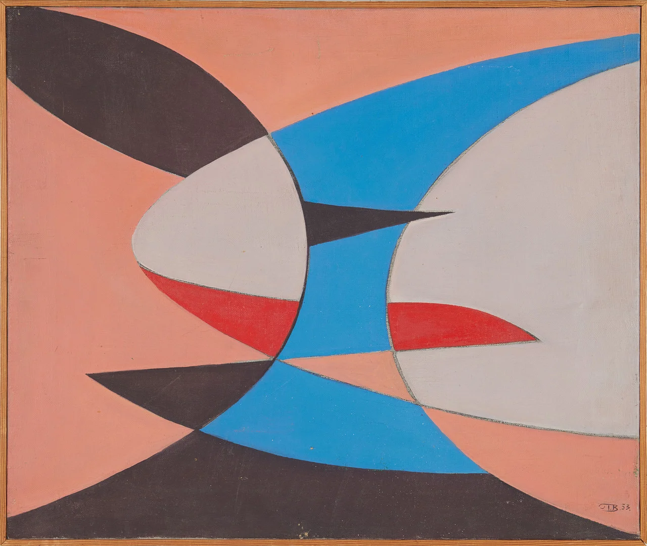 JOHN IVAR BERG (1916-2003). Komposition, monogramsignerad och daterad JIB -53, påskrift à tergo "Formstudie till fondvägg K:F.S Restaurang Katrineholm", olja på duk. — Paintings — Stockholms Auktionsverk Magasin 5