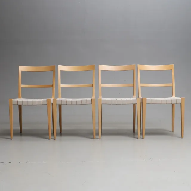 BRUNO MATHSSON. Stolar, 4 st, "Mimat", björk, sits i sadelgjord, brännmärkta.