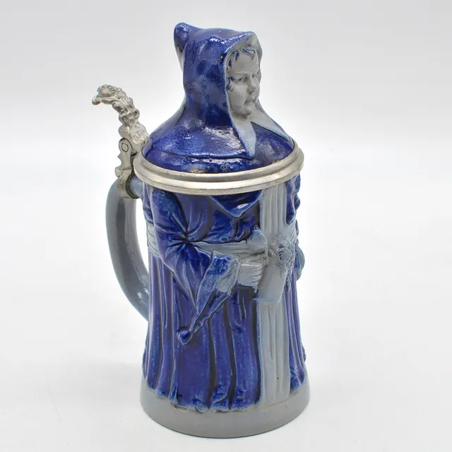 FIGURENKRUG, MÖNCH, STEINZEUG, BLAU GLASIERT, ZINNMONTUR, DEUTSCHLAND, 19. JAHRHUNDERT.