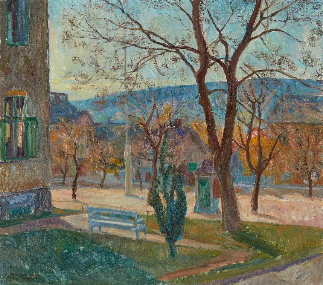 Lundeby, Alf — "Høstmorgen ved torvet, Lillehammer" 1925 — Kunst/Maleri — Blomqvist
