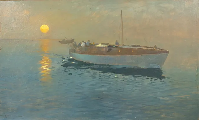 ARVID JOHANSSON. Olja på pannå, båtmotiv, signerad.