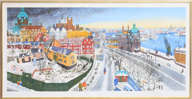 MONA HUSS WALLIN. "Slussen", Triptyk, färglitografi, signerad o numrerad 8/435.